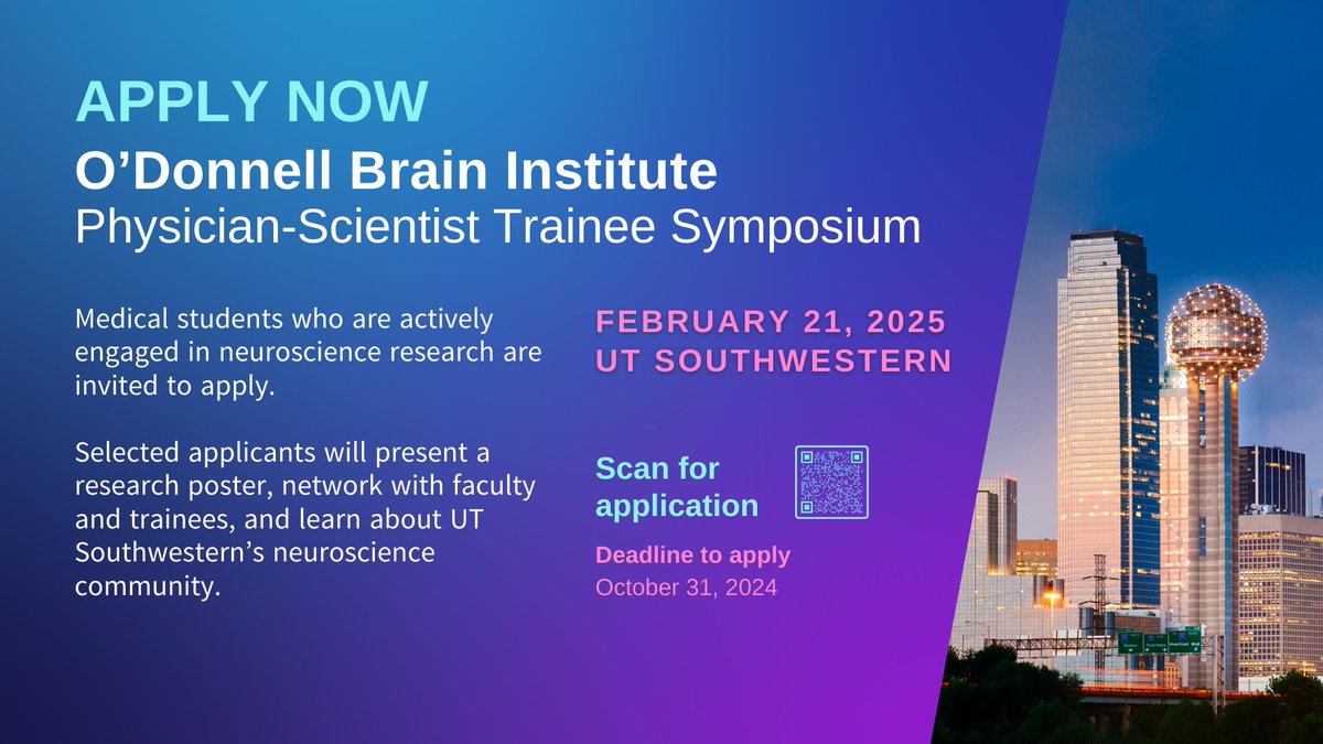 Our Physician-Trainee Symposium is accepting applications from medical students actively engaged in neuroscience research and applying for residency in 2025. Come see what neuroscience at UT Southwestern is all about. Expenses paid for accepted students. bit.ly/3N6cPHd