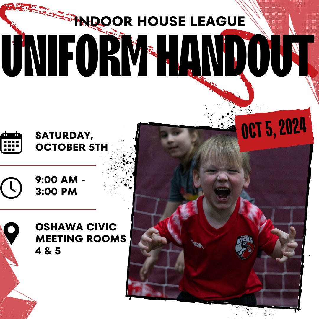 OshawaKicks's tweet photo. Indoor House League Uniform Handout is this Saturday, October 5th! Come to the Oshawa Civic, meeting rooms 4 & 5, to find out which team you're on and pick up your jersey, socks, and shorts. See you there!
#OKSC #IndoorSoccer #YouthSoccer https://t.co/xjhqwmFHMU
