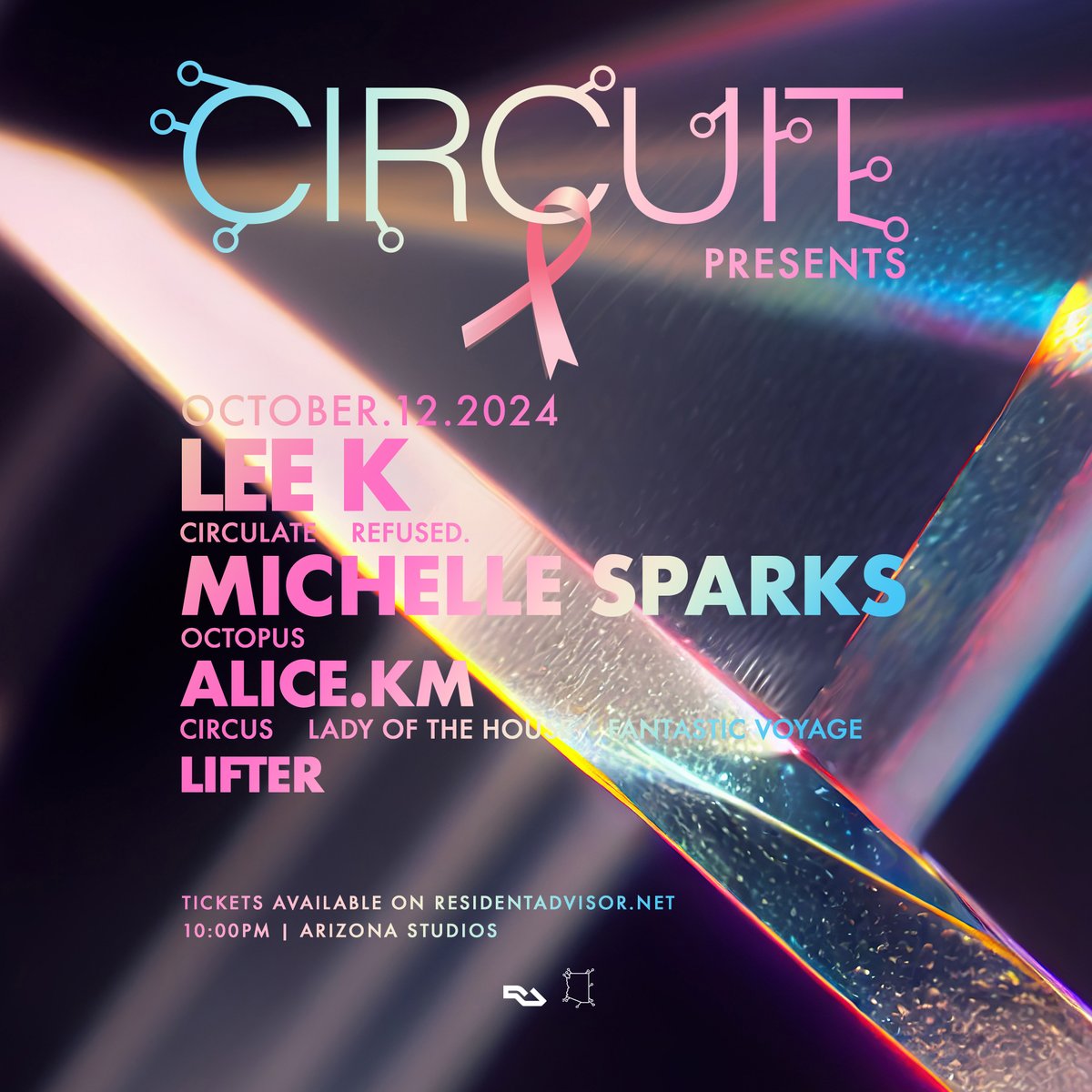 CircuitAZ's tweet photo. Circuit Presents feat. @lee_k__ @msparksofficial @alicekm and resident @liftermusic on Saturday 10.12!

Dropping an exclusive merch collab for #BreastCancerAwarenessMonth &amp; a portion of the proceeds will go to a local breast cancer nonprofit! 

Tix: https://t.co/6VL6vRZoVW https://t.co/fp5Ag1uKGt