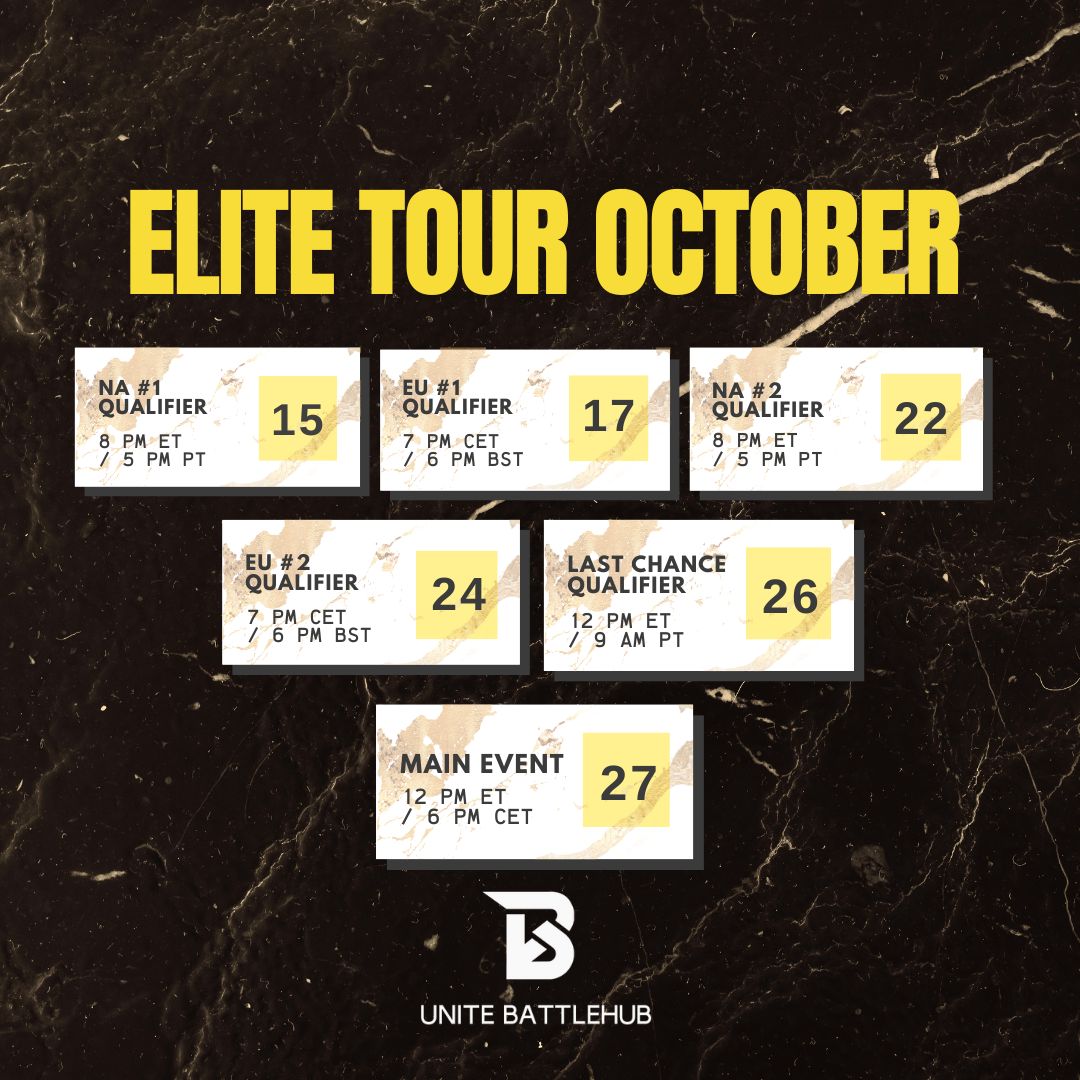 BattleHubGG's tweet photo. ✨Elite Tour October✨

Unite Battle Hub is proud to announce the return of Elite Tour 2024!

Throughout the month we’ll be hosting, broadcasting & showcasing our events across EU & NA as teams compete for the title of Elite Tour Champion & a grand prize of $500.

✅Sign up below.

#EliteTour2024
#PokemonUnite
#Esports
#UniteBattleHub