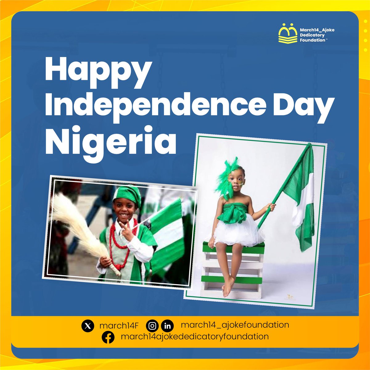 March14F's tweet photo. 🥳 Happy Independence Day Nigeria!
.
.
😊 Do wish us back in the comment section 👇
.
.
.
****M14ADF is a Nigerian NGO with the mission to intentionally aid access to high-quality early childhood development, care, and pre-school education to the low-income families in Nigeria. https://t.co/yvEWre7SGz