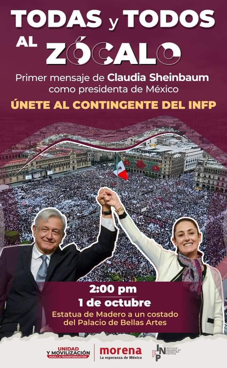 Mexicanos_Mxx's tweet photo. Compañer@s tod@s al zócalo hoy empieza el segundo piso de la transformación de nuestro pueblo. #mexico #mexicocity #mexicomagico #MORENA2024 #MorenaCrece #MorenaVa #patriciacruzmx #Morena #ClaudiaSheinbaumPresidenta #ClaudiaSheinbaumPresidenta2024 #ClaudiaSheinbaumPardo https://t.co/6LbtJ3Y0zD