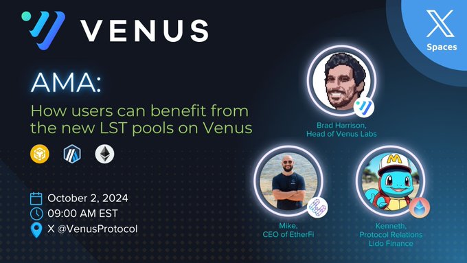 promo image with text and Venus logo, describing the details of the AMA with Lido and Etherfi about liquid staked eth pools.