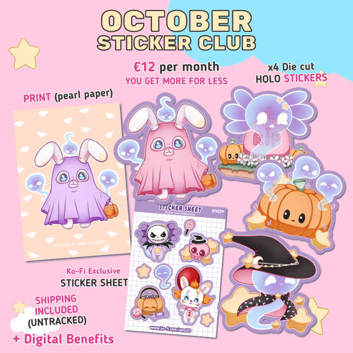 ✨Sticker Club ✨
This month’s pack is full of ghosts and Halloween vibes! 👻

JOIN NOW:
ko-fi.com/sana20/tiers