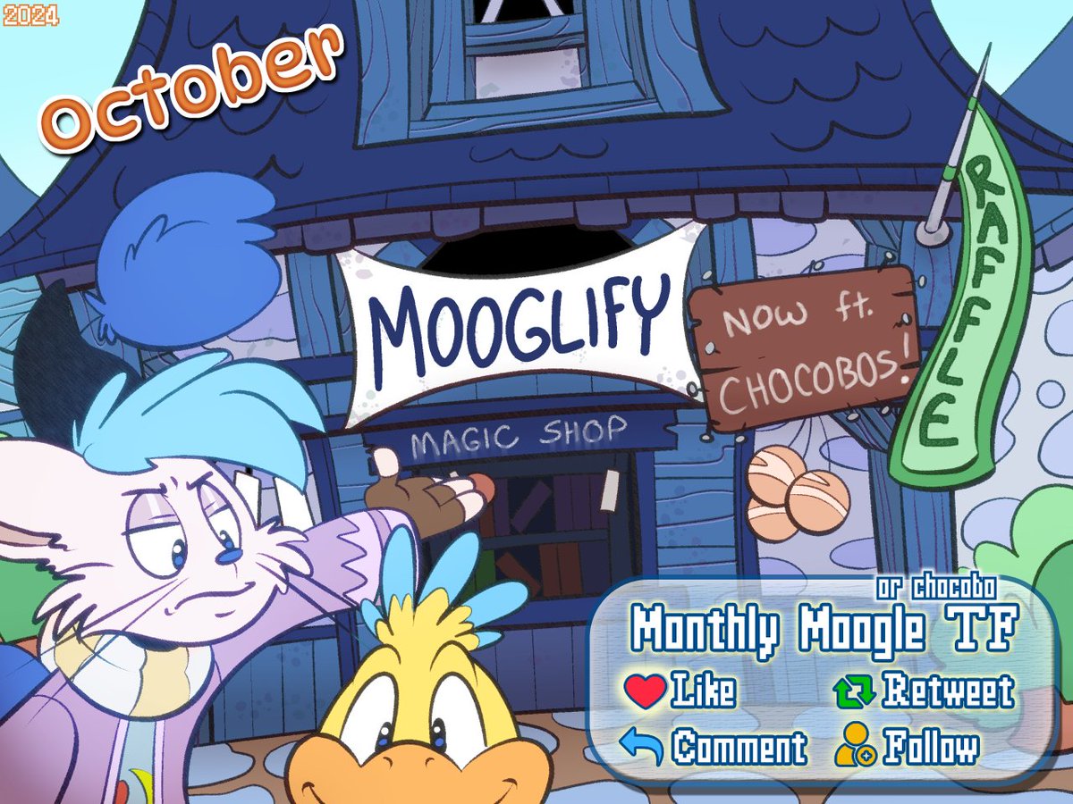 erakir's tweet image. Here we go! Oct. TF Raffle, start!
Hey wait! That bird defaced my shop! That means...

Get a character mid-TF/post-TF into an Ivalice moogle OR a chocobo, courtesy yours truly, kupo!

More detailed rules below!
Done by @Thetrevorfox
Ends Oct 6, 12:00AM CST
(1/2) #TFTuesday