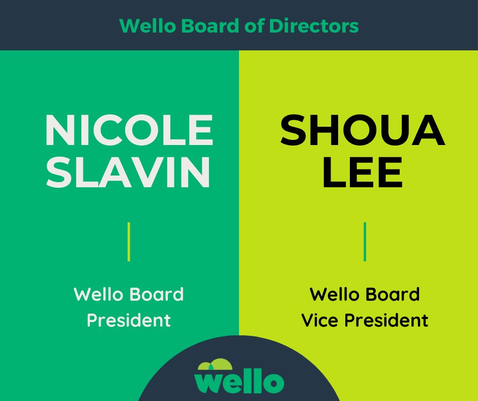 Today marks the start of a new fiscal year for Wello as well as the beginning of leadership terms for Wello's Board of Directors. We are thrilled to announce Nicole Slavin will serve as Board President and Shoua Lee as Board Vice President!