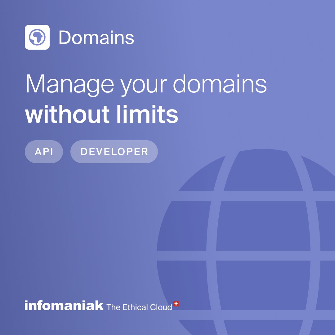 infomaniak's tweet photo. #WebDev, Infomaniak permet désormais de gérer la zone DNS de ses noms de domaine via API dans l’environnement de travail de votre choix 🌐🚀

👉 Documentation API: https://t.co/FwLdJCq14S

Pourquoi choisir Infomaniak pour vos domaines ?

✔️ Tarifs ultra-compétitifs (pas seulement la première année)
✔️ 1 utilisateur kSuite gratuit avec 2 adresses mail et 15 Go de stockage kDrive
✔️ Service DNS dynamique gratuit
✔️ 1 page Web statique gratuite

👉 Comparez nos avantages et nos tarifs : https://t.co/06YCfZ9d11

#WebDevelopment #DNSManagement #DevTools #CodeLife #DNSManagement #DomainName