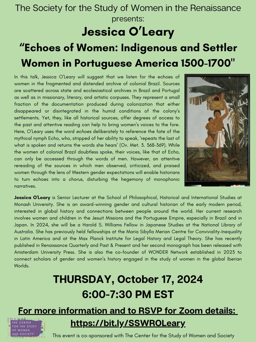 Coming up! Join the Society for the Study of Women in the Renaissance for a talk by Jessica O'Leary on Oct 17 at 6 pm. RSVP: bit.ly/SSWROLeary