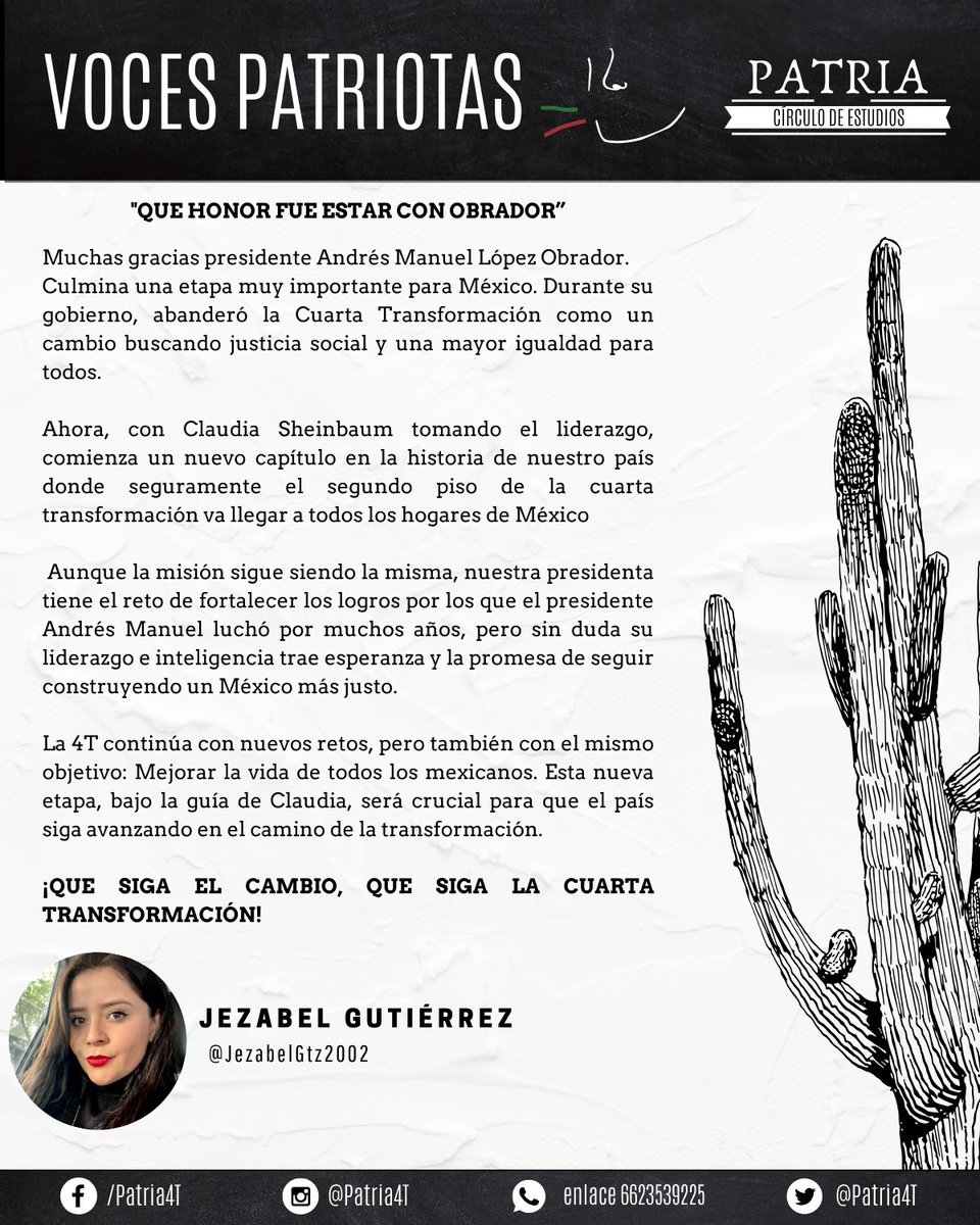 patria4t's tweet photo. El sexenio de AMLO ha marcado la historia de México en muchos sentidos. Despidiéndonos afectuosamente del más grande presidente en la historia reciente y dándole la bienvenida a la primera mujer presidenta, de eso escribimos esta semana 🇲🇽👇 https://t.co/vzKITRcV6i