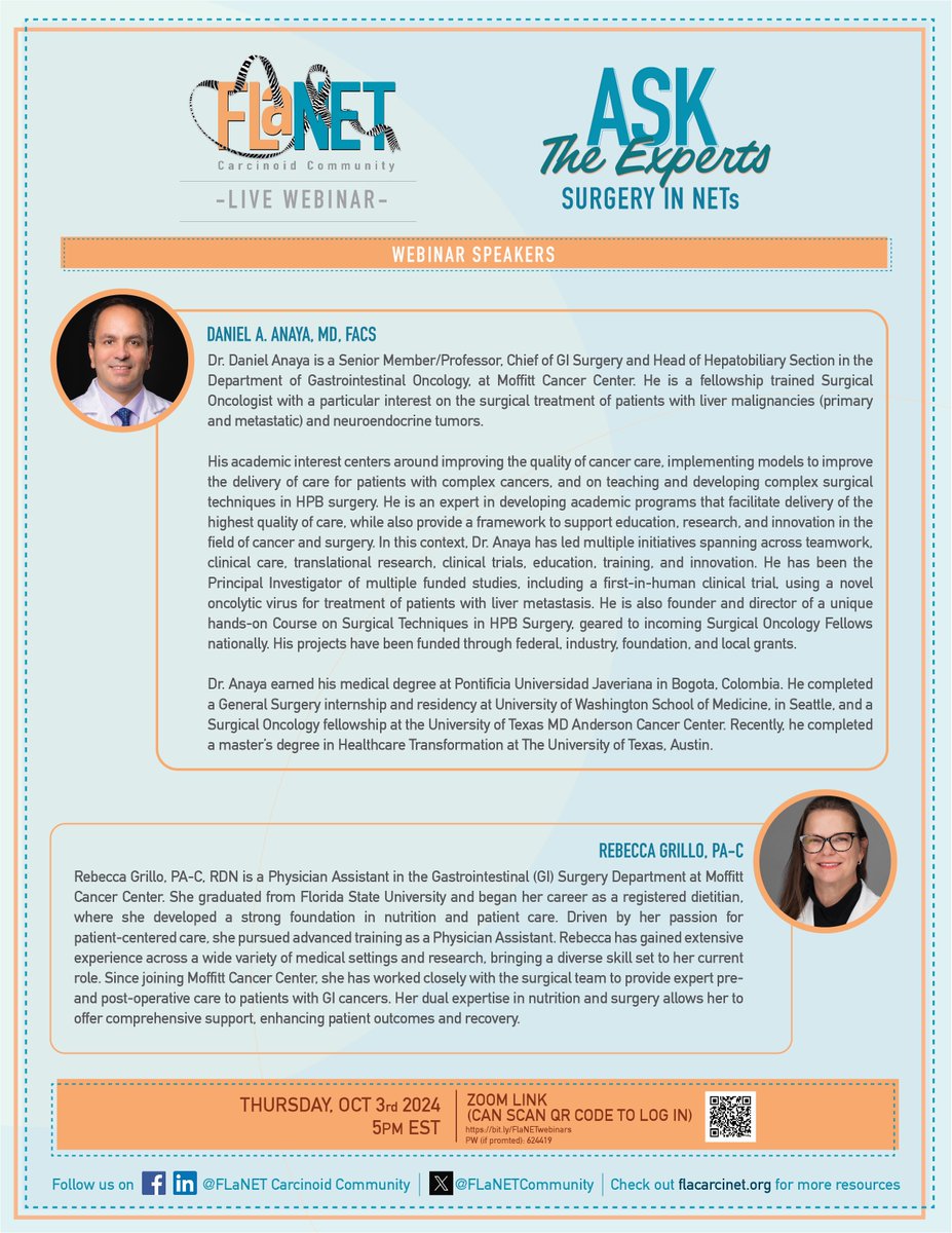 FLaNETcommunity's tweet image. 🚨 Don&apos;t miss out! Join us Thursday, October 3rd at 5PM EST for a live webinar on Surgery in NETs with expert insights from Dr. Daniel Anaya and PA Rebecca Grillo. 📅 Save the date, and bring your questions! Link: bit.ly/FlaNETwebinars
#cancerawareness #NeuroendocrineCancer