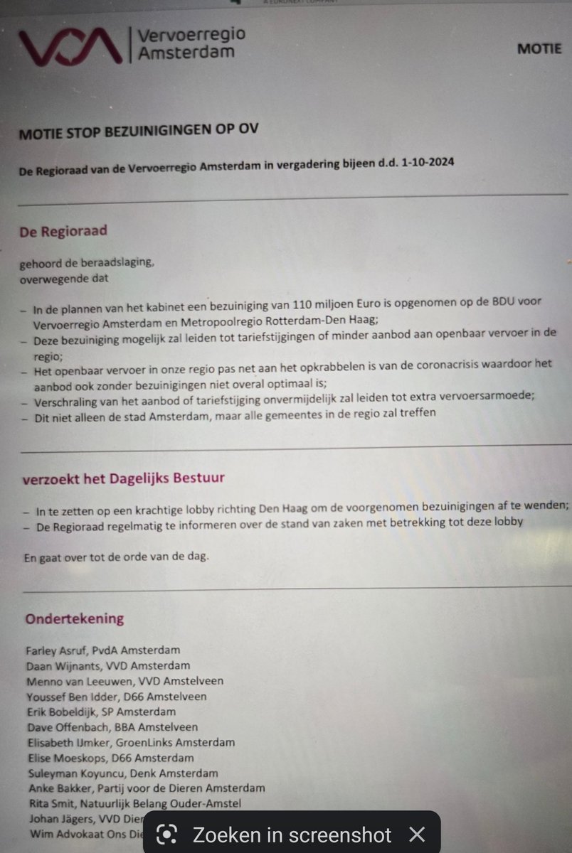 Motie, stop bezuinigingen op Openbaar Vervoer, op initiatief van <a href="/FPolitiek/">Farley Asruf</a>, is ruimschoots aangenomen in de regioraad.  <a href="/MennovanLeeuwen/">Menno van Leeuwen</a>
<a href="/AmstelveenBba/">bbA | Burgerbelangen Amstelveen</a>
<a href="/Vervoerregio/">Vervoerregio</a>
<a href="/FPolitiek/">Farley Asruf</a>
Wat kan jij doen?
Graag de petitie tekenen.
vervoerregio.nl/artikel/202409…