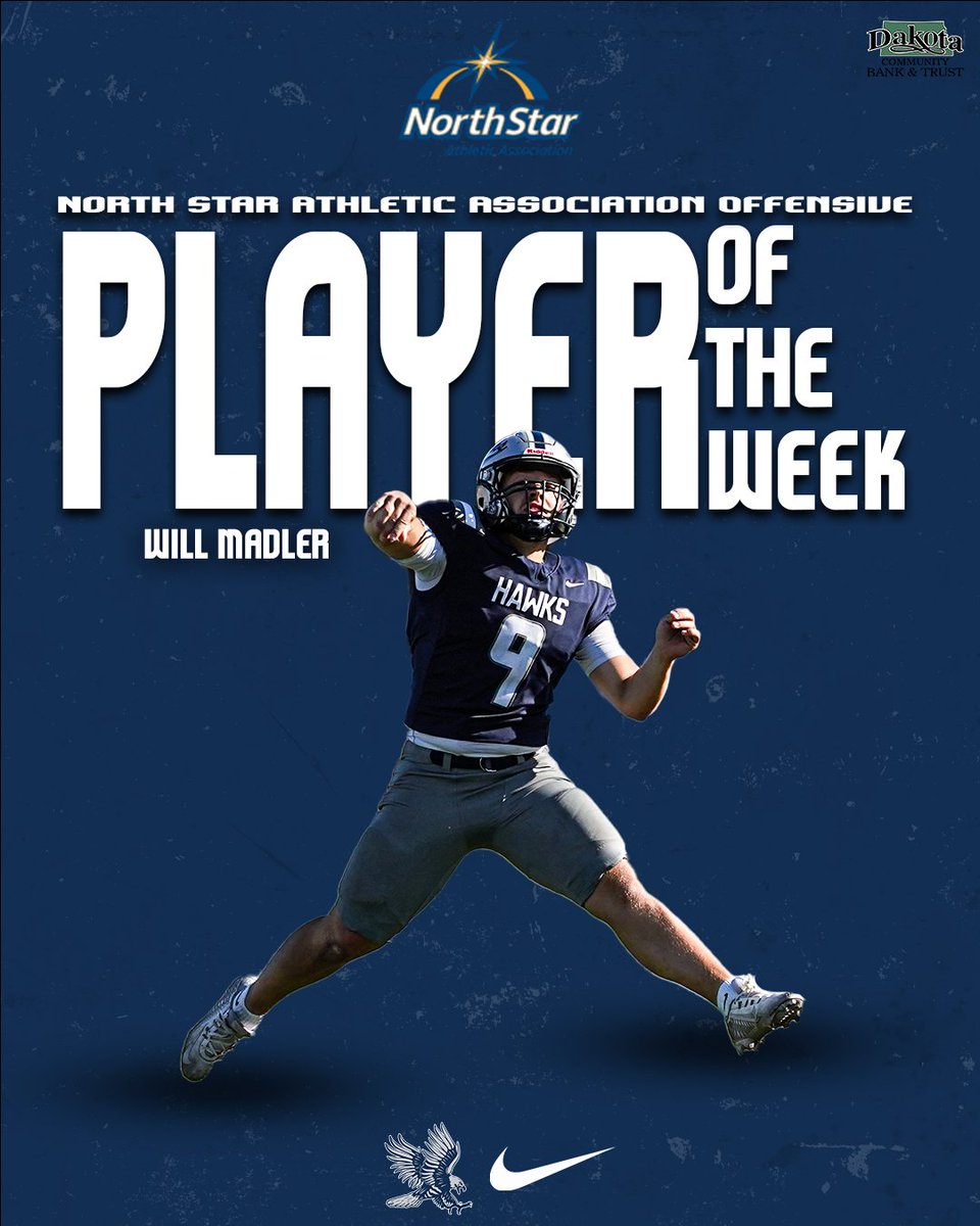 🏈| Will Madler of <a href="/BlueHawkFB/">Dickinson State Football</a> is the NSAA Offensive Player of the Week!

🔗: tinyurl.com/2pzntxas

#HawksAreUp