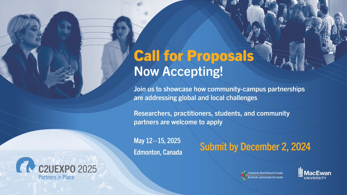 We are so excited to announce that the Call for Proposals for the Community-College-University Exposition 2025 is now open!

Find the submission form here: c2uexpo2025.ca/copy-of-call-f…

We will be accepting submissions until December 2nd.

<a href="/CbrcResearch/">Community-Based Research Canada (CBRCanada)</a>  <a href="/MacEwanU/">MacEwan University</a> 

#c2uexpo2025