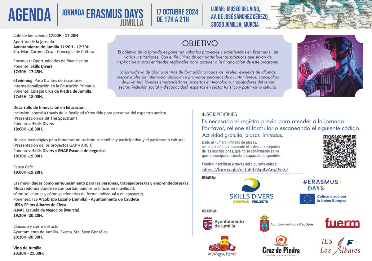 🎉 ¡Nos unimos a los #ErasmusDays en Jumilla! 🇪🇺
Si te interesa el desarrollo profesional y las oportunidades que ofrece Europa, ¡no te lo puedes perder! ✈️
📅 17 de octubre
📍 Jumilla, Murcia
#ErasmusPlus #SkillsDivers #MovilidadEuropea 
Registro en descripción de imagen.