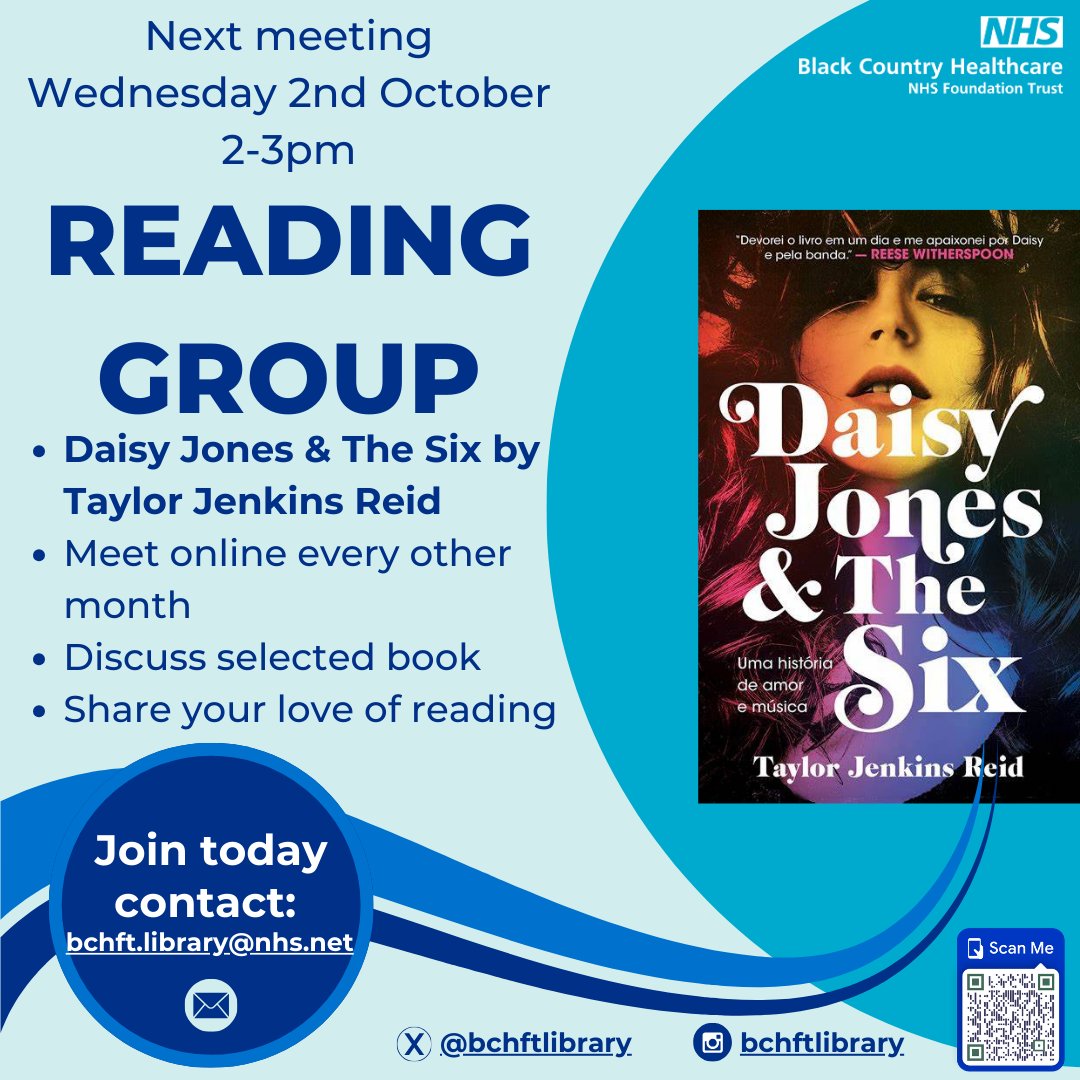 BCHFTLibrary's tweet photo. Join our #readinggroup meeting tomorrow from 2-4pm via MS Teams. Contact us for the link or scan the QR code. #recreationalreading #fiction #wellbeing #staff #NHSLibraries https://t.co/qvOOK5oxly