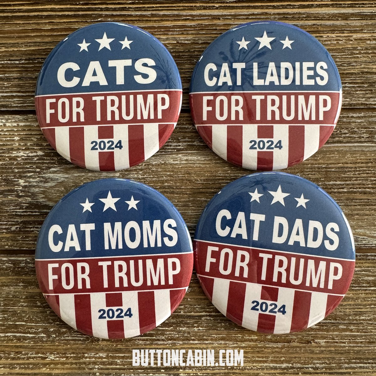 ButtonCabin's tweet photo. Trump Buttons Now In Stock!  Cats For Trump. Cat Ladies For Trump. Cat Moms For Trump. Cat Dads For Trump. https://t.co/BQg9RBNvvo https://t.co/1ZCBIlYzB9