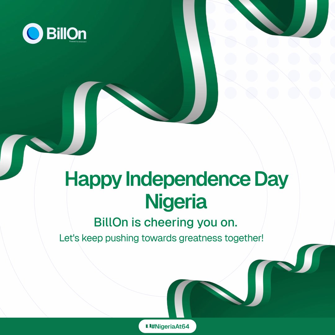 PaywithbillOn's tweet photo. Commemorating 64 years of resilience and optimism for a better tomorrow.

From all of us at BillOn🤗

#billpayment #independenceday #nigeriaat64🇳🇬 #strength #unity https://t.co/s89zg2BOZM