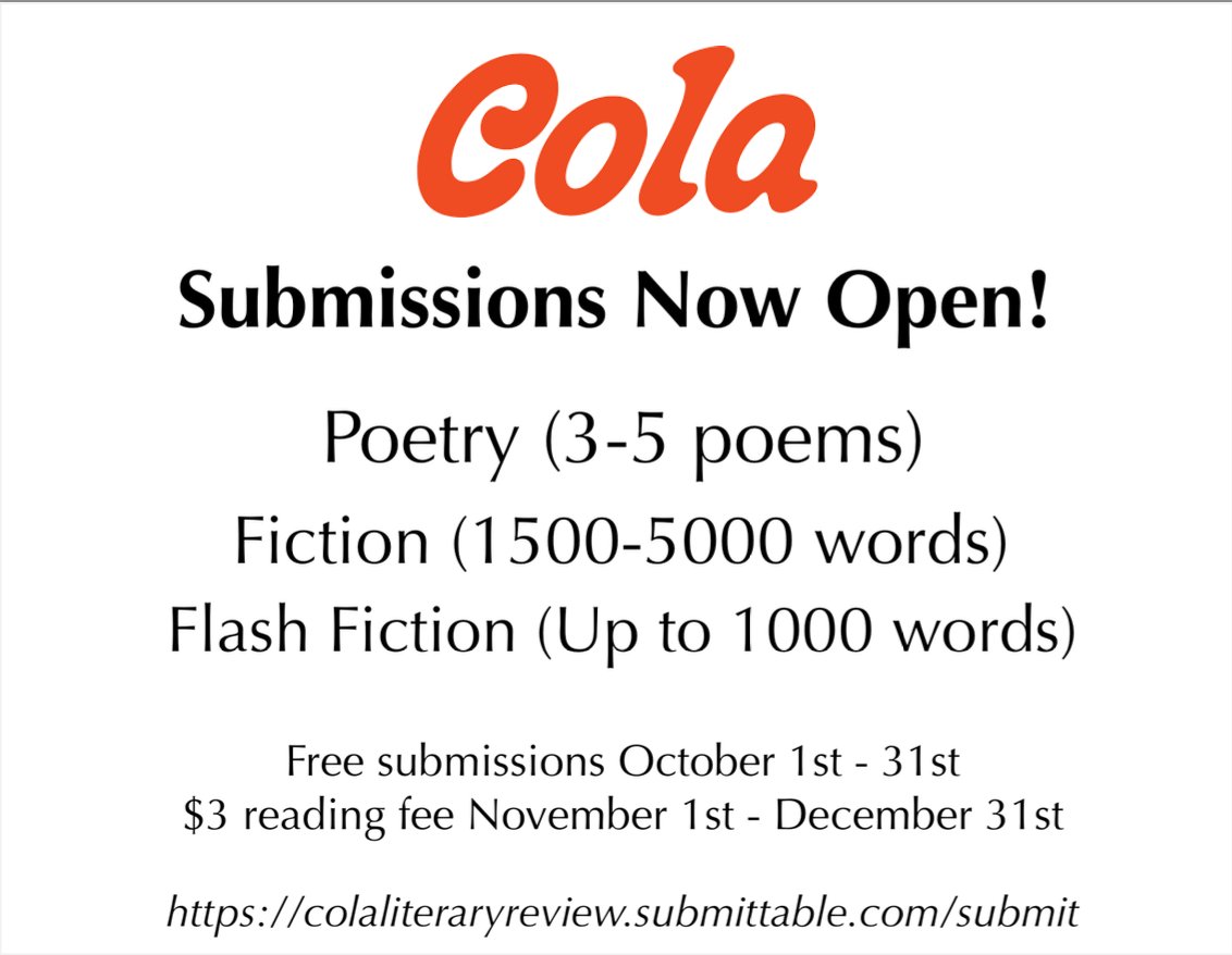 Now open for submissions!
colaliteraryreview.submittable.com/submit