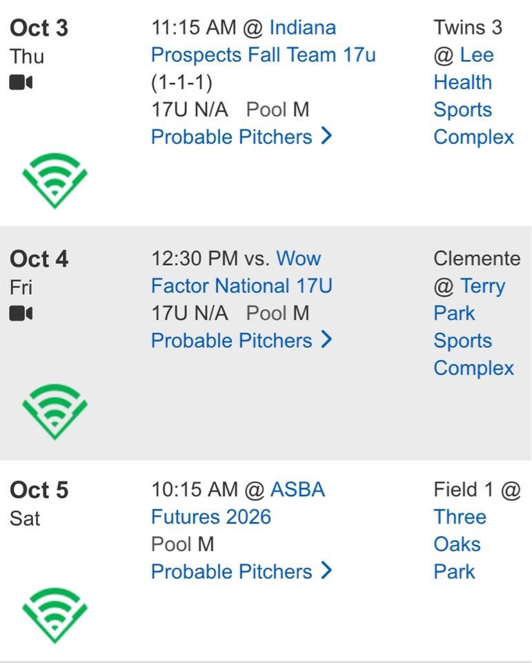 Here is my schedule for the WWBA Underclass event down in Fort Myers this upcoming week.