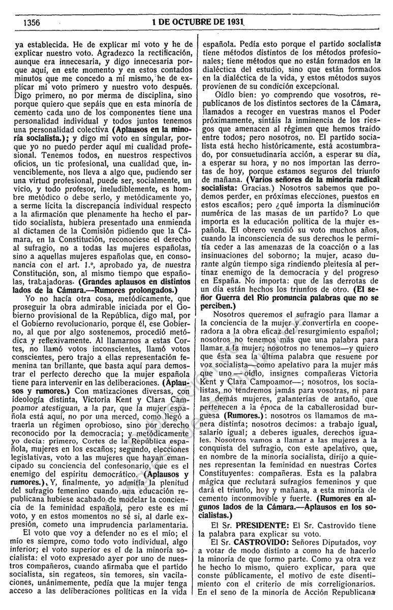 📣 Tal día como hoy no debiera ser olvidado en la historia de nuestro país. Por 1ª vez se votaba un texto constitucional que reconocía a las mujeres como sujetos políticos de pleno derecho, la aprobación del #sufragiofemenino. Esta fue la posición de la minoría socialista <a href="/PSOE/">PSOE</a>.