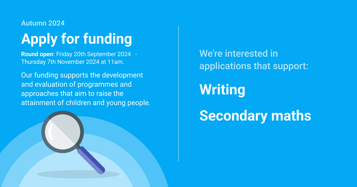 EducEndowFoundn's tweet photo. 🌟Our Autumn 2024 funding round is open!  
 
We want to fund projects focused on improving secondary maths and writing in Key Stages 1-4, to generate evidence on the best ways to boost attainment, particularly for socio-economically disadvantaged pupils.  
 
1/4 https://t.co/FSkfOTSCTm