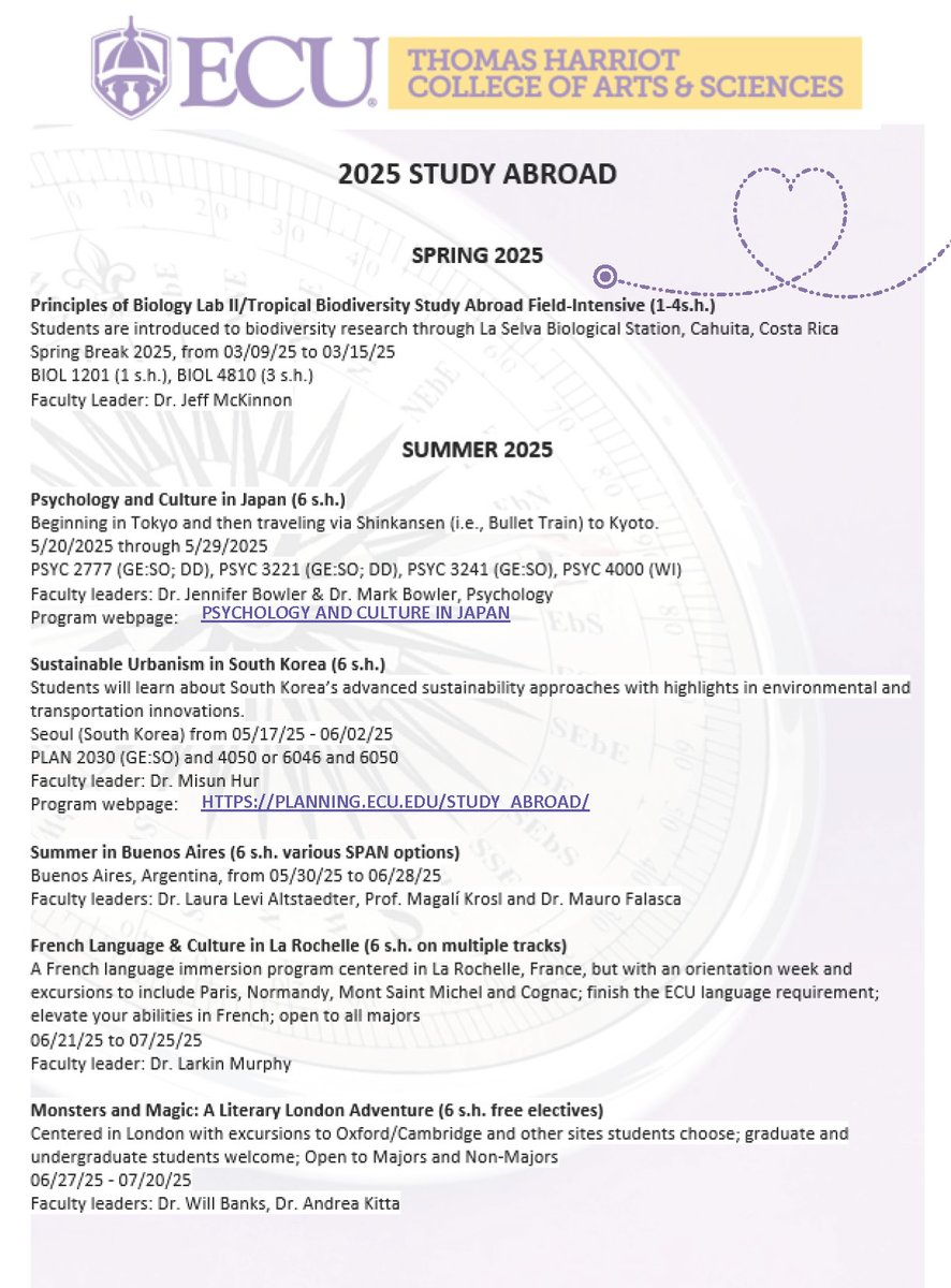 🗣️ Attn: ECU students❗

Check out Harriot College's Study Abroad info tables outside of Wright Place and on the 1st floor of the Main Campus Student Center. Learn how to study abroad in Spring/Summer '25 and what 💰 financial assistant is possible.

🗓️ 10/2/24
⏰ 11AM - 2 PM