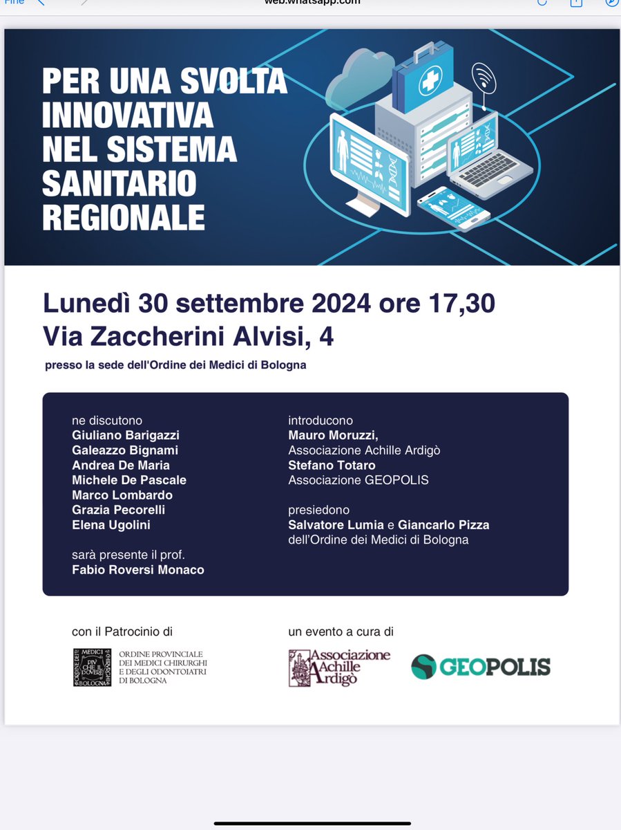 Tante idee per innovare la sanità in Italia e in Emilia Romagna. Straordinaria partecipazione all’appuntamento delle Associazioni Achille Ardigò e Geopolis a Bologna. Il grande appuntamento con la sanità digitale #Ardigò #Geopolis #EmiliaRomagna