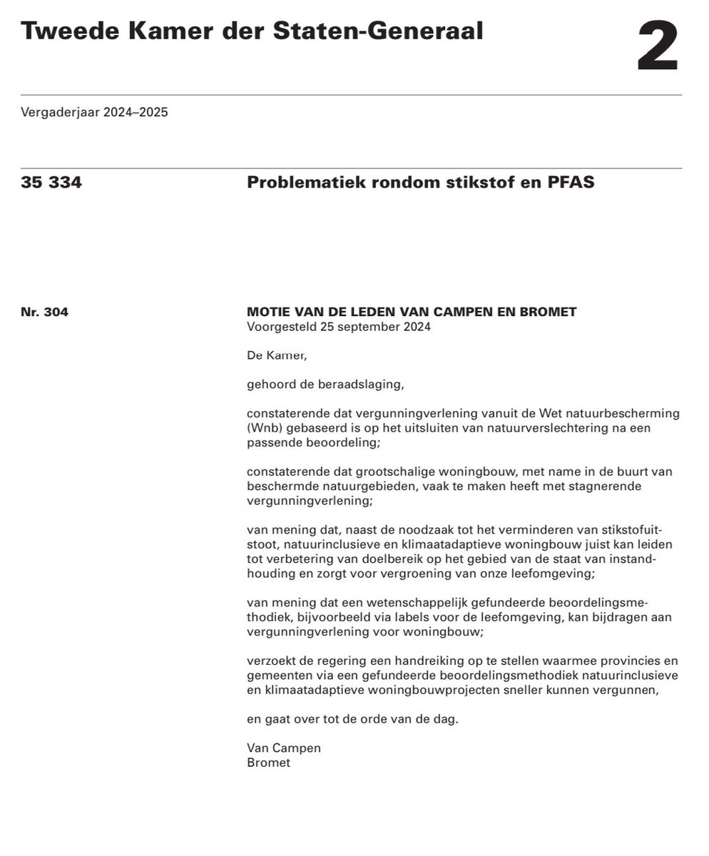Versnel het vergunnen van de bouw van natuurinclusieve/klimaatadaptieve wijken. Motie van <a href="/ThomvCampen/">Thom van Campen</a> en <a href="/LauraBromet/">Laura Bromet 🍀🕊</a> hierover werd net aangenomen. Reden voor <a href="/patrickpman/">Patrick Pelman</a> en mij het College te vragen de kansen samen met de provincie zsm te benutten, en zo meer huizen te bouwen!