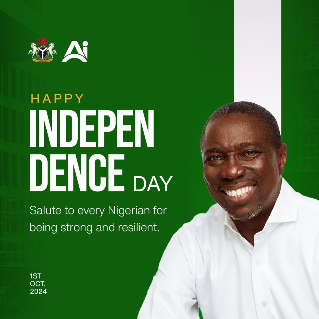 Aighodalo's tweet photo. Happy Independence Day Nigeria! 

Today, we celebrate the strength and resilience of our great Nation. 
Let this be a reminder that with unity, faith and perseverance, we can overcome any challenges we face. 

Let's keep hope alive for a brighter future for our State and our Country. 

The journey continues, and with your unwavering support, we will attain our vision of development and Prosperity for all our people.