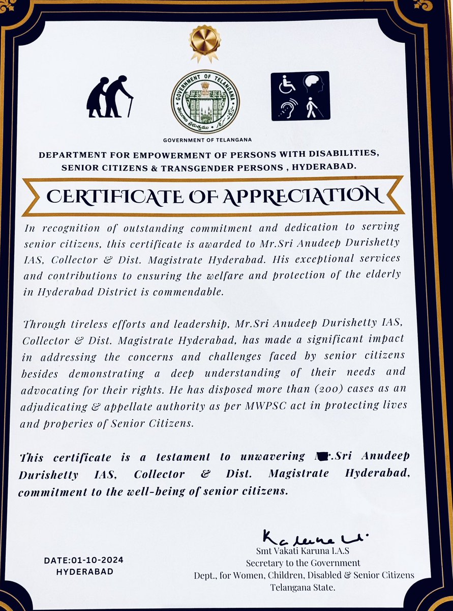 Honoured to receive a Certificate of Appreciation from the State Government for the efforts made by the Hyderabad District Administration towards the welfare of senior citizens. 

Working for such vulnerable sections of society makes this job truly fulfilling. :)