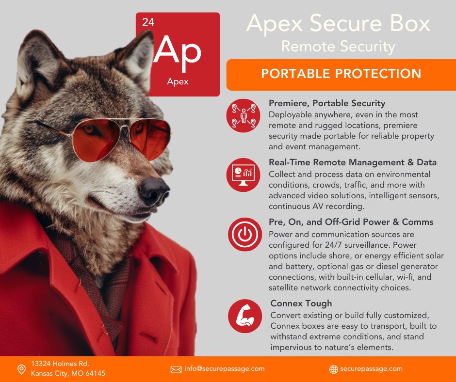 SecurePassage24's tweet photo. Introducing the Apex Box by Secure Passage - customizable, portable security tailored to you. Equipped with tech ranging from weather sensors, license plate readers and more, it offers remote protection and eyes even in the most rugged terrain. Click the 🔗 in comments for more. https://t.co/ZgV7oEtUmj
