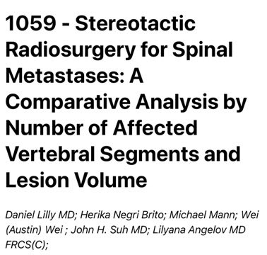 Dr. Daniel Lilly presents our large series of 375 patients with spine mets treated with  #SRS, showing excellent tumor control and no impact on time to recurrence based on tumor volume #2024CNS