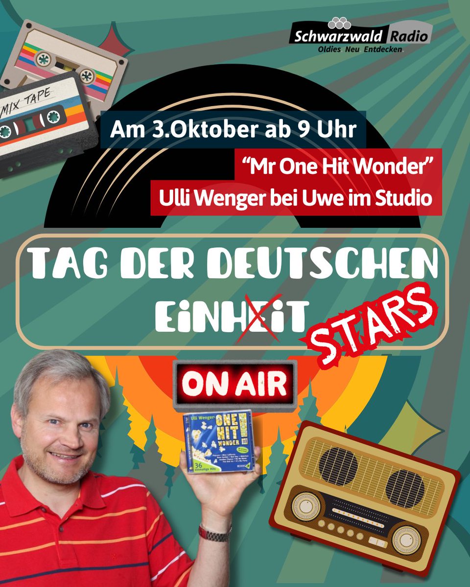 Nach #StefanRaab folgt nun das nächste „Comeback des Jahres“: Nach neun Jahren Pause präsentiere ich diesen Donnerstag gemeinsam mit @Uwe_Carsten zehn Stunden lang die schönsten #OneHitWonder aus 50 Jahren Rock, Pop &amp; Soul. Ab 9.00 Uhr live im @Schwarzwaldradi o. Wer ist dabei?