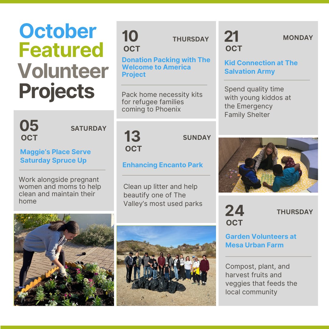 New month, new opportunities to make an impact! 🌟 Who's ready to volunteer this October?

Check out October's featured volunteer projects. Sign up at handsonphoenix.org/calendar