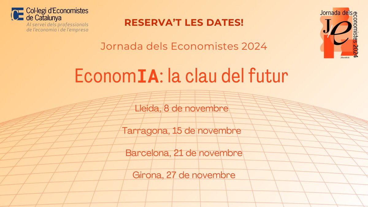 📢 Ja és aquí la Jornada dels Economistes 2024!

Debatrem els temes més importants de l'actualitat econòmica catalana
i els reptes i oportunitats que planteja l'ús de la intel·ligència artificial.

🗓️ Reserva't les dates! 

🔜 Inscripcions obertes properament

#IA #JornadaCEC2024