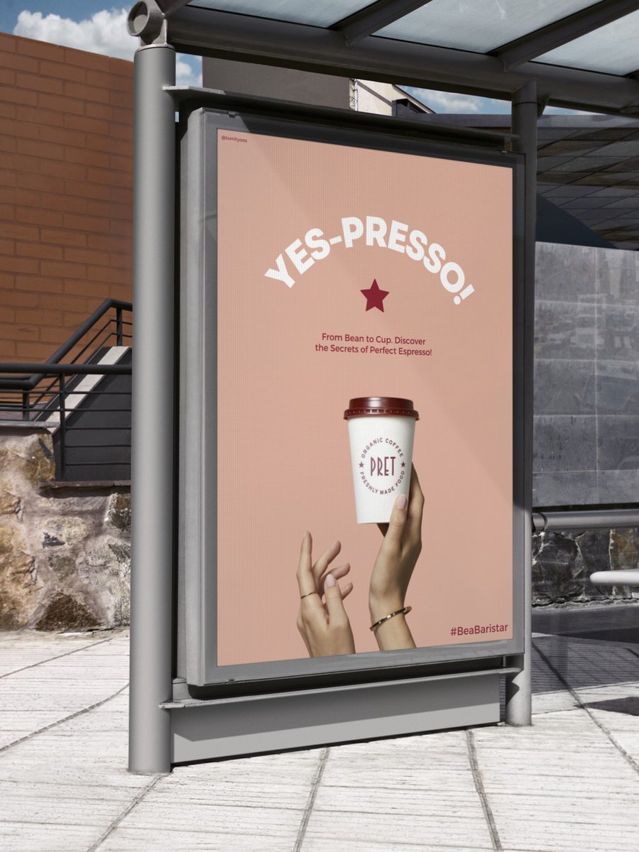 TomHyoos's tweet photo. Advertising #BaristaLessons for #InternationalCoffeeDay for today's @OneMinuteBriefs #BeaBaristar ⭐️☕️ @Pret https://t.co/83eDLwpJFF