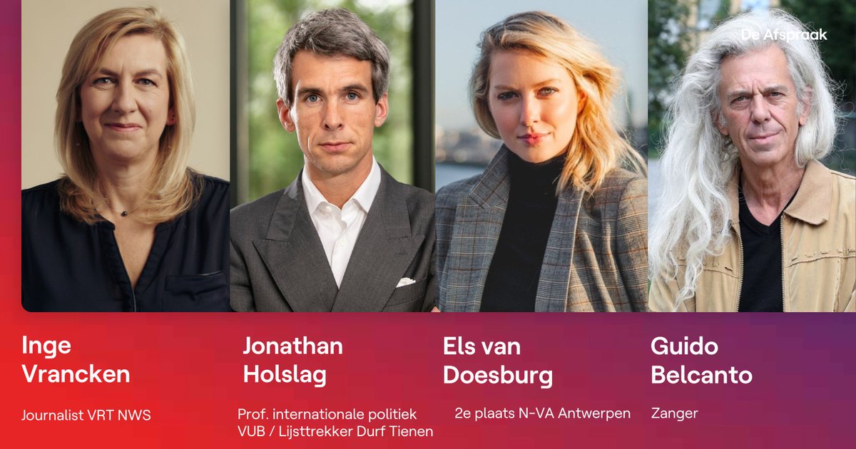 De Afspraak (@deafspraaktv) on Twitter photo Straks in #deafspraak: <a href="/vrancki/">Inge Vrancken 👣</a> en <a href="/JonathanHolslag/">Jonathan Holslag</a> over het Israëlisch grondoffensief in Libanon. <a href="/elsvandoesburg/">Els van Doesburg</a> over de strijd om de Antwerpse burgemeesterssjerp. En Guido Belcanto komt zijn nieuwe album 'Tedere baldadigheden' voorstellen.
Om 20u35 op <a href="/vrtcanvas/">VRT CANVAS</a> Straks in #deafspraak: <a href="/vrancki/">Inge Vrancken 👣</a> en <a href="/JonathanHolslag/">Jonathan Holslag</a> over het Israëlisch grondoffensief in Libanon. <a href="/elsvandoesburg/">Els van Doesburg</a> over de strijd om de Antwerpse burgemeesterssjerp. En Guido Belcanto komt zijn nieuwe album 'Tedere baldadigheden' voorstellen.
Om 20u35 op <a href="/vrtcanvas/">VRT CANVAS</a>