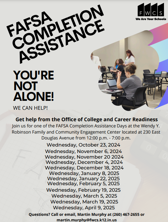 fwcs_ccr's tweet photo. This month the College & Career Readiness department will be assisting in FAFSA completion.
Join us Wednesday, October 23, 2024 form 12-7 p.m. #fwcs #ccr @FWCommSchools https://t.co/J0TJihhcJL