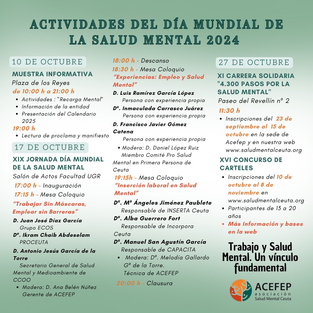 Presentamos las actividades del #DíaMundialdelaSaludMental bajo el lema "Trabajo y Salud Mental, un vículo fundamental". Más información en saludmentalceuta.org/actividades-di…