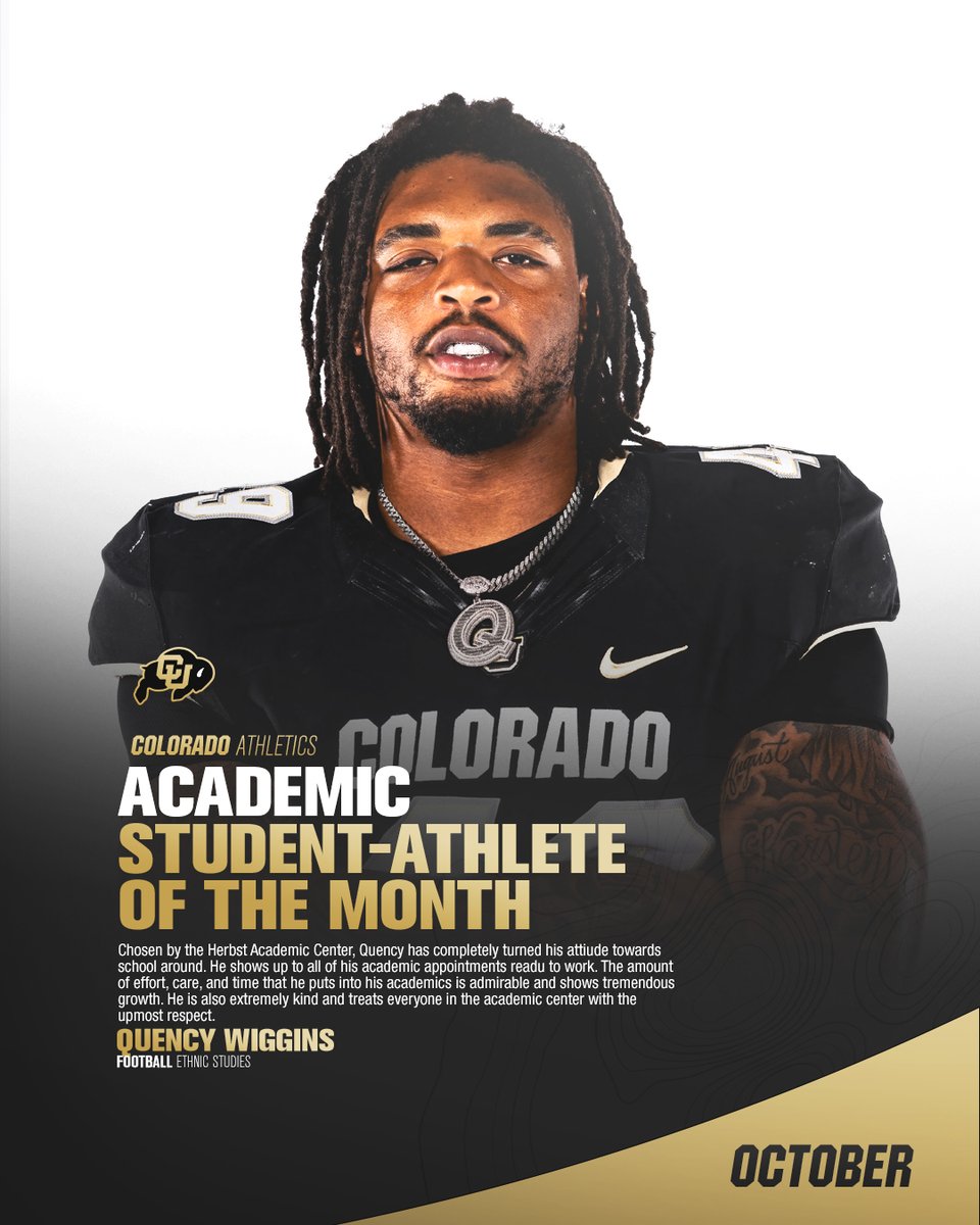 HerbstAcademicCenter (@buffshacademics) on Twitter photo Congratulations to Quency Wiggins <a href="/WigginsO11124/">Quency o wiggins</a>
for being selected as one of our Herbst Academic Center student-athletes of the month for October!
<a href="/CUBuffsFootball/">Colorado Buffaloes Football</a>
<a href="/cubuffslead/">CU Buffs Leadership & Career Development</a>
@nfoura12 #HACademcis #GoBuffs #STUDENTathlete Congratulations to Quency Wiggins <a href="/WigginsO11124/">Quency o wiggins</a>
for being selected as one of our Herbst Academic Center student-athletes of the month for October!
<a href="/CUBuffsFootball/">Colorado Buffaloes Football</a>
<a href="/cubuffslead/">CU Buffs Leadership & Career Development</a>
@nfoura12 #HACademcis #GoBuffs #STUDENTathlete