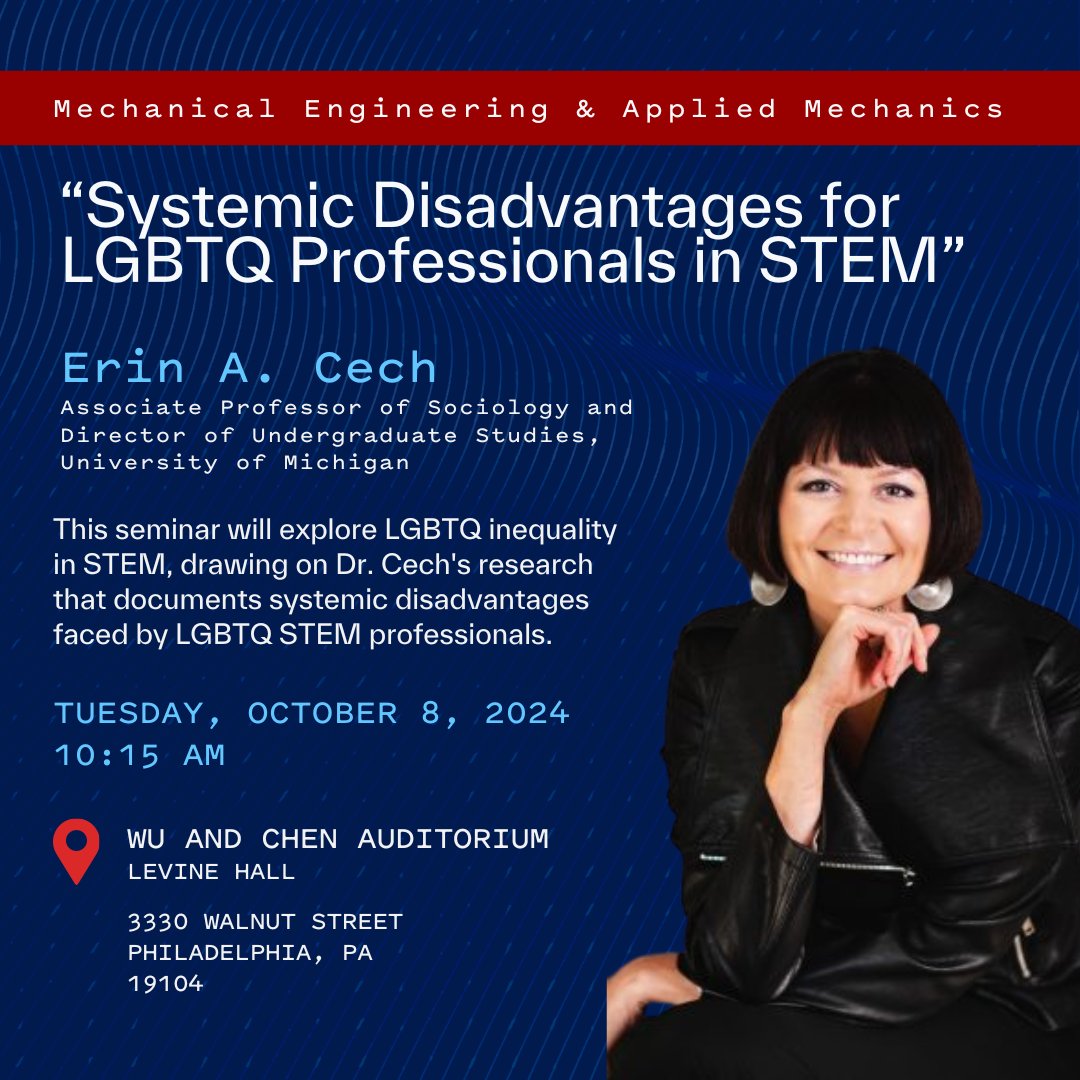 Penn Engineering (@pennengineers) on Twitter photo Join <a href="/CechErin/">Erin A. Cech (she/her)</a> for a seminar on LGBTQ inequality in STEM, exploring systemic disadvantages faced by LGBTQ STEM professionals. Brought to you by <a href="/MEAM_Penn/">Mechanical Engineering and Applied Mechanics, Penn</a>. #LGBTQinSTEM bit.ly/4drDIzV Join <a href="/CechErin/">Erin A. Cech (she/her)</a> for a seminar on LGBTQ inequality in STEM, exploring systemic disadvantages faced by LGBTQ STEM professionals. Brought to you by <a href="/MEAM_Penn/">Mechanical Engineering and Applied Mechanics, Penn</a>. #LGBTQinSTEM bit.ly/4drDIzV