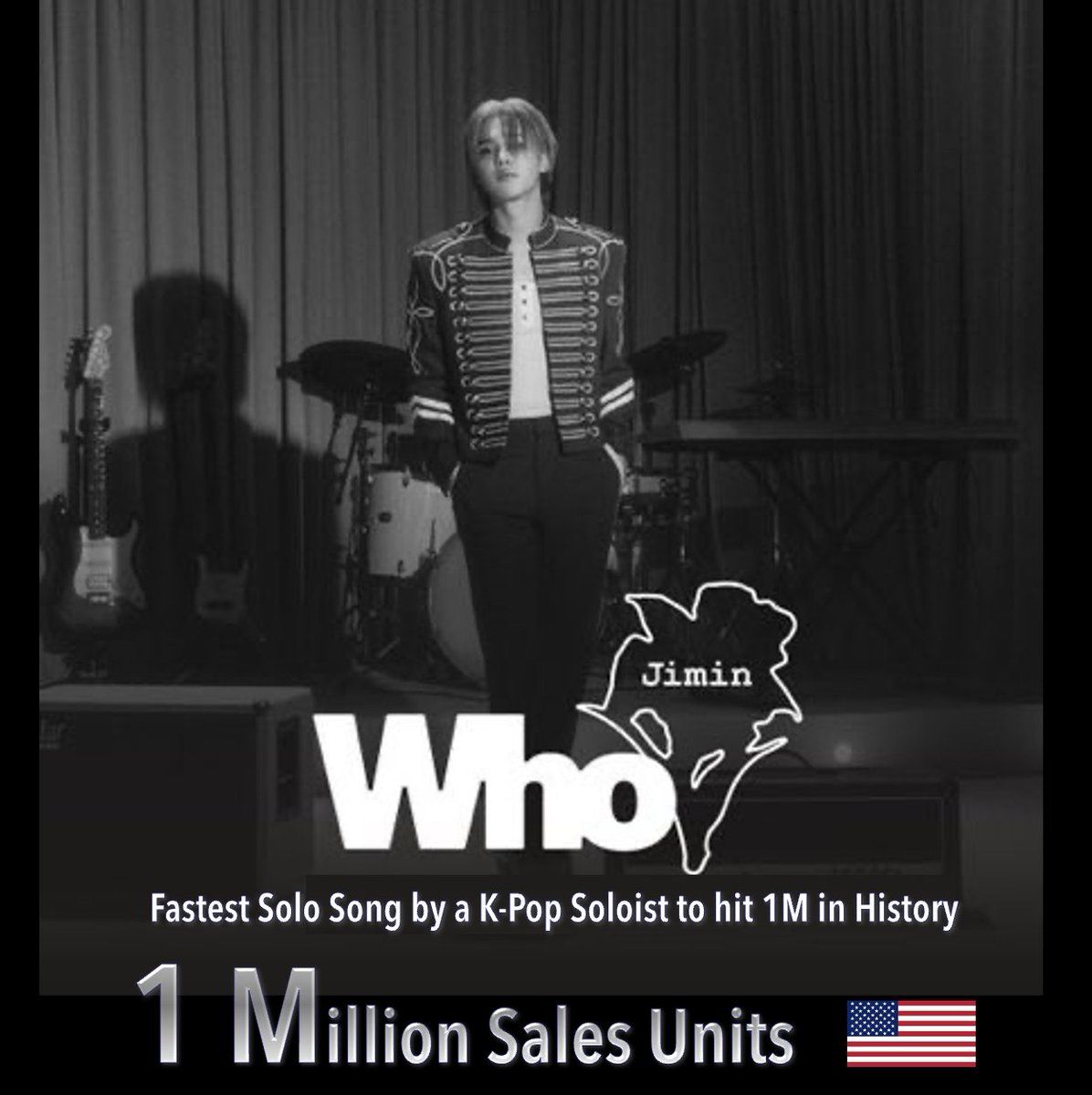 WORLDMUSICAWARD's tweet photo. #JIMIN's "Who" has sold over 1 Million units in the US and is now the fastest Solo Song by a K-Pop Soloist to reach 1M in history (74 days) and the 1st Song by a Korean Act in 2024 to reach this milestone! 💪🥇💨👨‍🎤🎶✖️🇰🇷👨‍🎤💥1⃣Ⓜ️🇺🇸🐐🔥👑💙 
The song is now eligible to be certified RIAA PLATINUM!