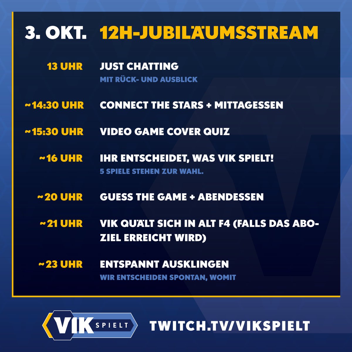 Die Special-Streams hören aktuell gar nicht mehr auf! Heute Abend ab 17 Uhr gibt's ARA-Mehrspieler u.a. mit <a href="/StrategieEcke/">Ecke</a>, <a href="/GaiusJCaesar_/">Gaius Julius Caesar</a>, <a href="/yvraldis/">Yvraldis</a>. Und morgen, am 3.10. ab 13 Uhr steht mein 3-jähriges Jubiläum auf Twitch an - mit einem fetten 12-Stunden-Stream! 🎉