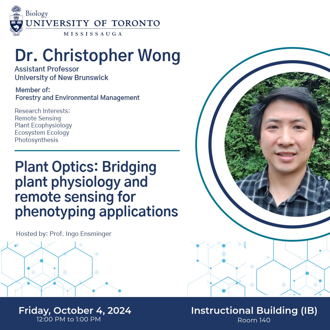 UTM Biology (@utmbiology) on Twitter photo 🌳 This week, the UTM Biology department is excited to invite Ecology and Environmental biologist Dr. Chris Wong!
Host: Prof. Ensminger
🕛 Friday, October 4, 2024, from 12 pm to 1 pm
📍 Instructional Building - IB 140
💻 For Zoom, visit the LinkTree in our profile bio. 🌳 This week, the UTM Biology department is excited to invite Ecology and Environmental biologist Dr. Chris Wong!
Host: Prof. Ensminger
🕛 Friday, October 4, 2024, from 12 pm to 1 pm
📍 Instructional Building - IB 140
💻 For Zoom, visit the LinkTree in our profile bio.
