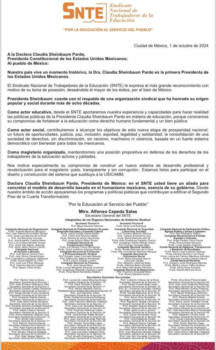 snteseccion32's tweet photo. El #SNTE, expresa su reconocimiento a la Dra. Claudia Sheinbaum con motivo de su #TomaDePosesión como Presidenta de 🇲🇽. ¡Cuente con el Sindicato para edificar el Segundo Piso de la Cuarta Transformación!

https://t.co/TSnt0fe27P

#SNTE32 #EquipoPolítico https://t.co/Eybi1acAwy
