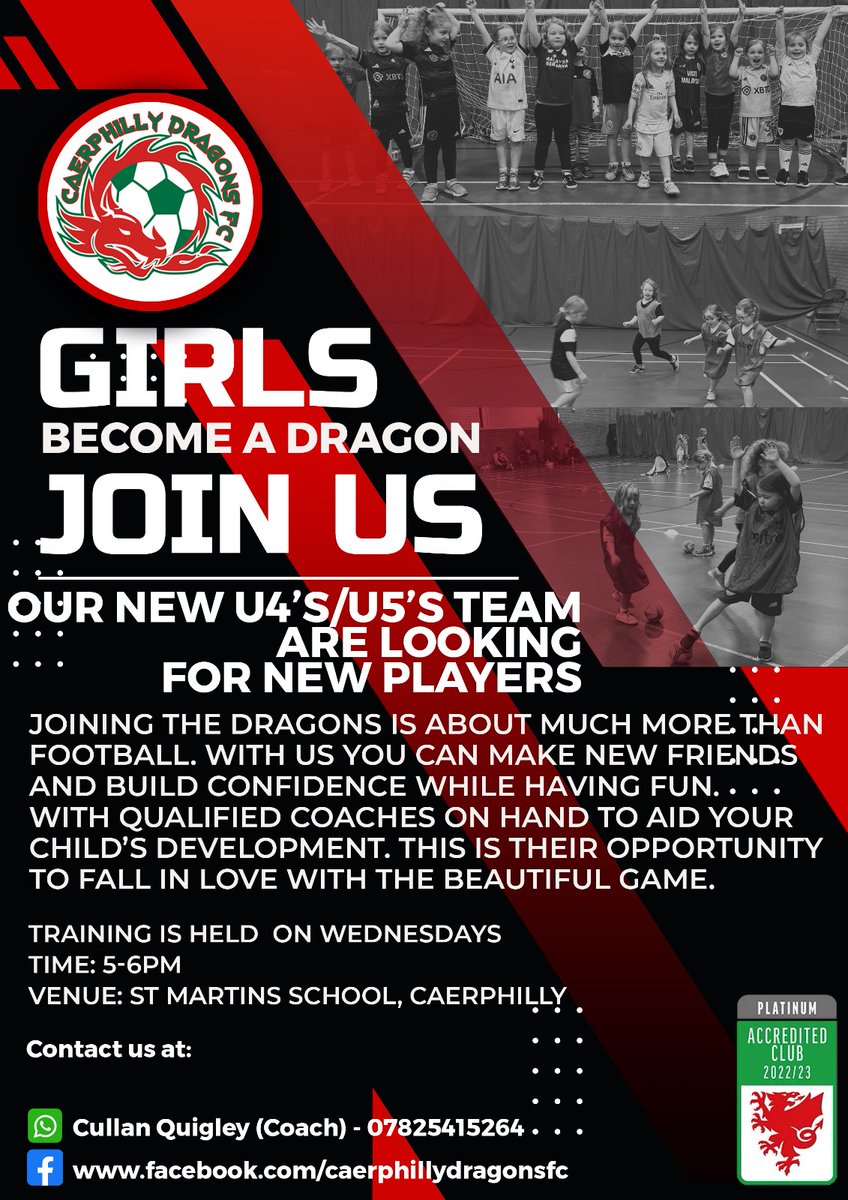 CaerDragonsFC's tweet photo. *New section announcement*

We are delighted to be launching our 14th section this week with the introduction of our new U5s group!

If you know any little ladies who may be interested, please get in touch

#DragonsonFire #swwgl #Caerphilly #Hergametoo #NewEra #girlsfootball https://t.co/64iyGrjR4U