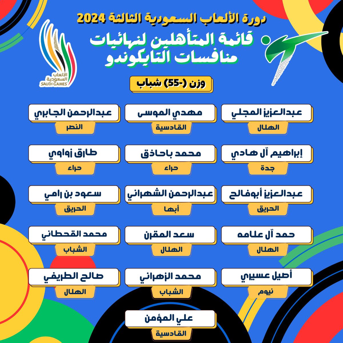 SaudiTKD's tweet photo. قائمة المتـــأهليـــن 👏👏
لنهائي #دورة_الألعاب_السعودية 2024
لرياضة التايكوندو 🥋
كُل التــوفيق للأبطـــال 🏆

 #بيننا_أبطال https://t.co/QvOSkxcY9D