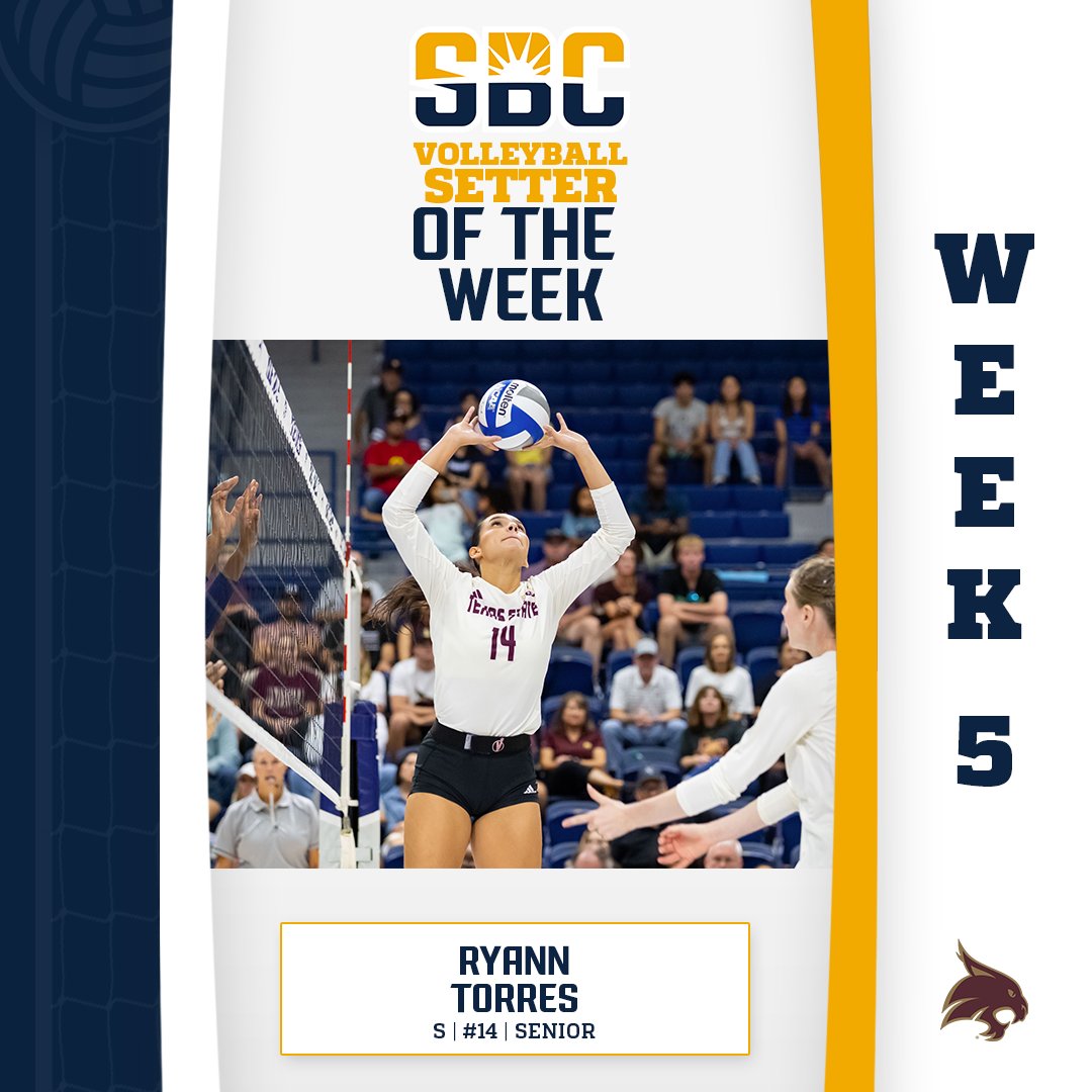 Sun Belt (@sunbelt) on Twitter photo ๐๐๐๐ฃ๐๐ก๐ ๐๐๐ก๐.
<a href="/TexasStateVball/">Texas State Volleyball</a>โs Ryann Torres led the league in assists per set at 11.63 and totaled 93 in a pair of matches to earn #SunBeltVB Setter of the Week. โ๏ธ๐
๐ฐ ยป sunbelt.me/3zvnM1T ๐๐๐๐ฃ๐๐ก๐ ๐๐๐ก๐.
<a href="/TexasStateVball/">Texas State Volleyball</a>โs Ryann Torres led the league in assists per set at 11.63 and totaled 93 in a pair of matches to earn #SunBeltVB Setter of the Week. โ๏ธ๐
๐ฐ ยป sunbelt.me/3zvnM1T