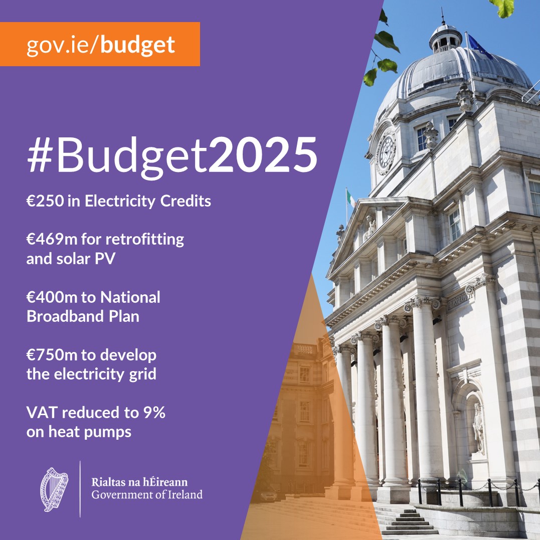 DeptCEE's tweet photo. Minister for the Environment, Climate and Communications, Eamon Ryan, has secured almost €1.4 billion in Budget 2025 to support families and communities and continue the drive towards a low-carbon, digitally-connected future.
#Budget2025 https://t.co/rWjaZyLSMy