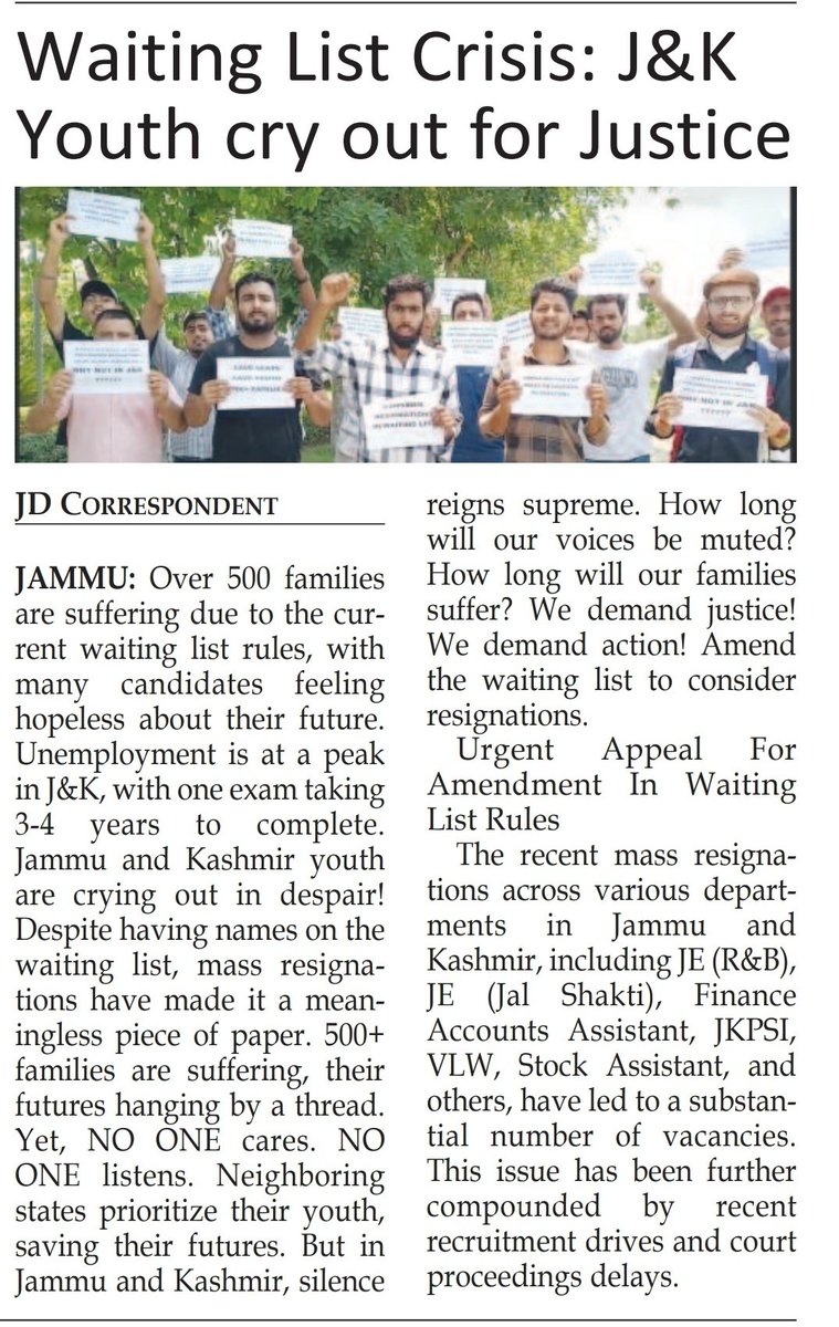 consdrresign's tweet photo. Urgent Call to Action!
Mass resignations in J&amp;K departments have left hundreds of vacancies. We demand a one-time relaxation in waiting list rules to fill these gaps. #justiceforwaitinglistcandidates #onetimerelaxation https://t.co/UDiBW0A1ir